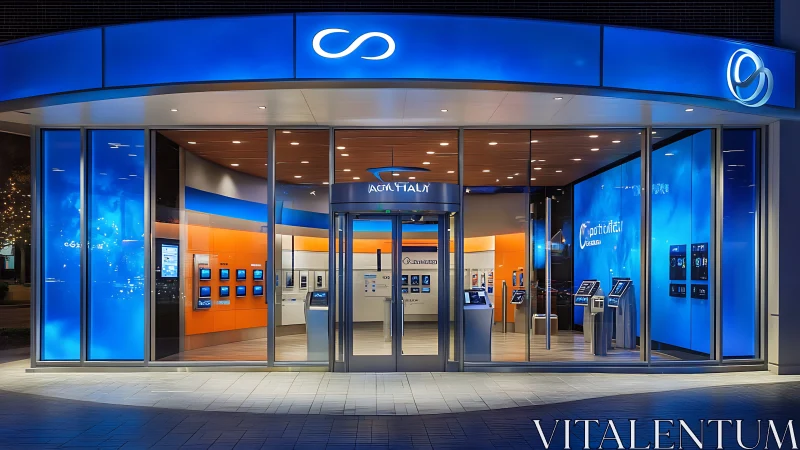 Architectural illumination of modular retail storefront with chromatic facade systems.