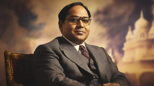Seated man in formal suit before architectural backdrop.