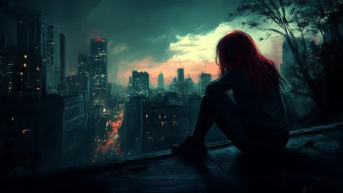 Backlit red-haired figure surveys neon-lit dusk city skyline