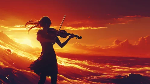 Silhouetted violinist performs against a blazing cinematic sunset