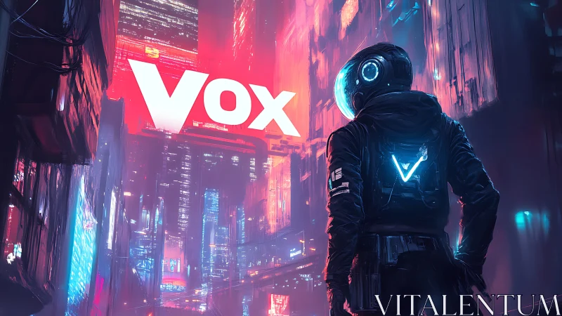 Neon-clad astronaut overlooking Vox logo in cyber cityscape.