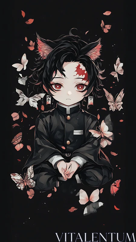 Anime boy with fox ears sits amid floating butterflies