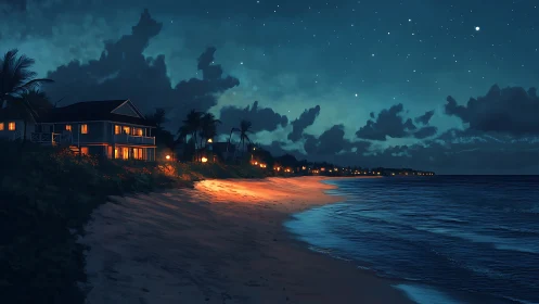 Coastal villas glow along starlit tropical shoreline at night