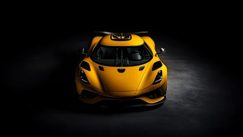 Golden hypercar front portrait under sculpted studio light.