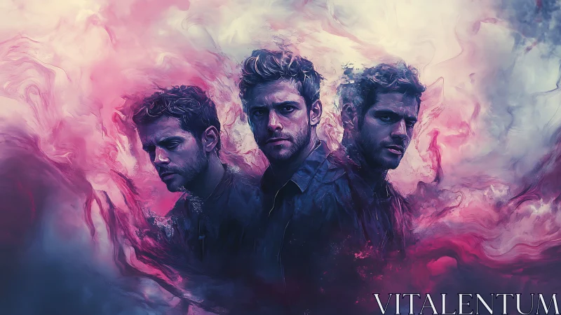 Triptych portrait dissolving into swirling neon clouds.