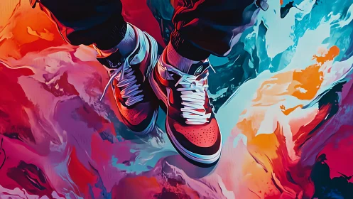 Street sneakers hover above abstract neon paint vortex