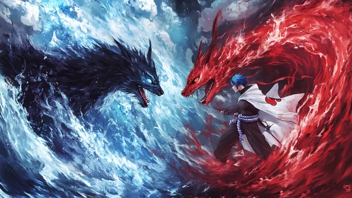 Elemental vortex duel with opposing ethereal dragon constructs.