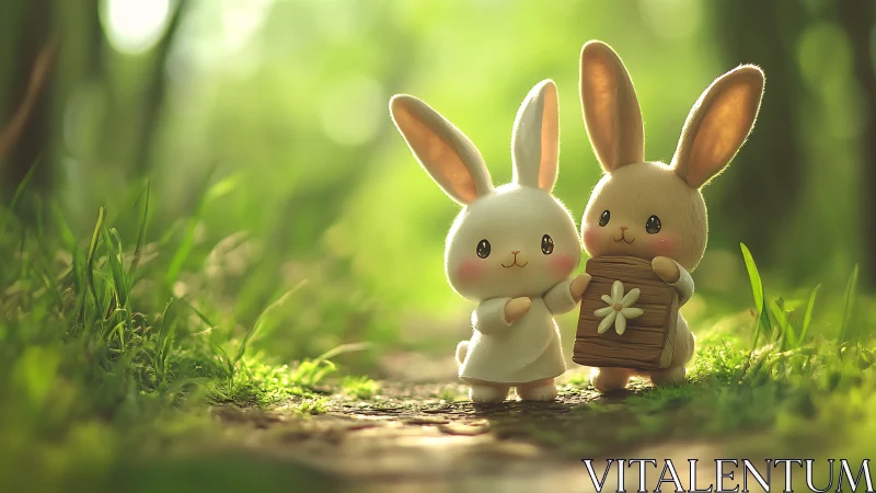 Two toy bunnies standing on forest path in soft sunlight.