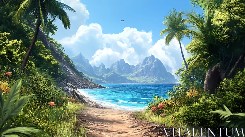 Tropical coastal landscape with volcanic peaks and beach vista.