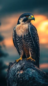 Regal falcon stands poised against a blazing sunset sky.