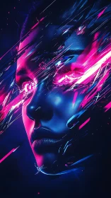 Neon-lit cybernetic female face with fragmented light streaks.