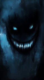 Sinister blue shadow face with glowing eyes and teeth.