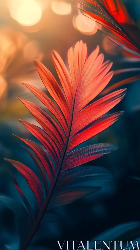 Sunset-kissed crimson frond whispers through teal shadows