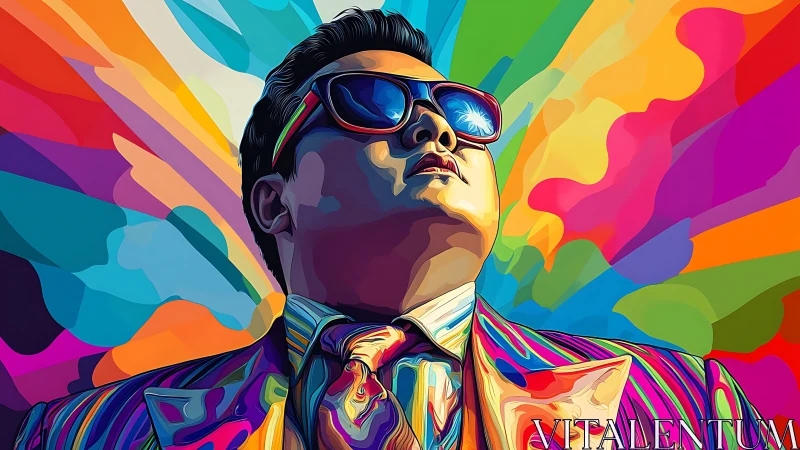 Pop art portrait in saturated prismatics and radial burst design.