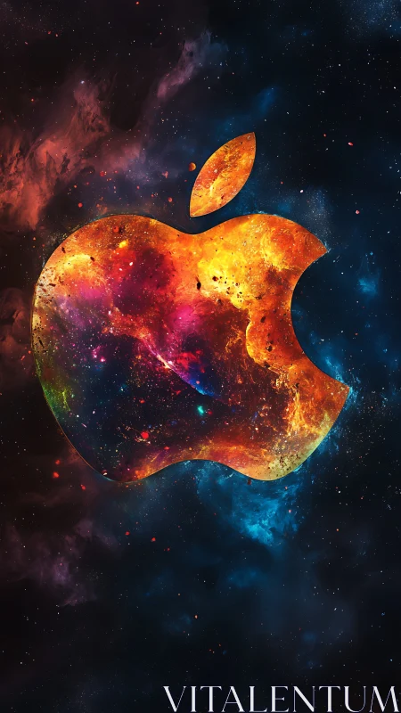 Galactic nebula spectrum confined within stylized fruit emblem.