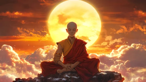 Peaceful monk in sunset light above glowing clouds.