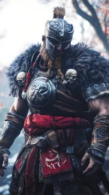 Fur-clad warrior stands armored, skulls hanging from pauldrons.