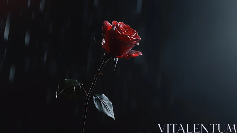 Red Rose Against Dark Backdrop with Moisture Droplets.