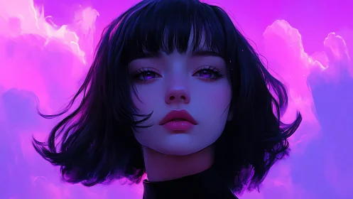 Digital portrait of woman with violet lighting and clouds