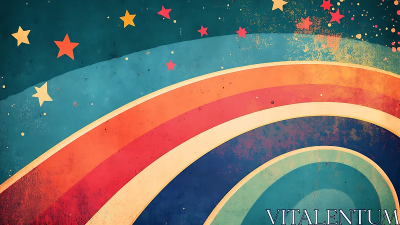 Retro rainbow arcs dancing under a sky full of stars.