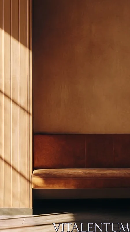 Sunlit minimalist bench in warm-toned modern interior.