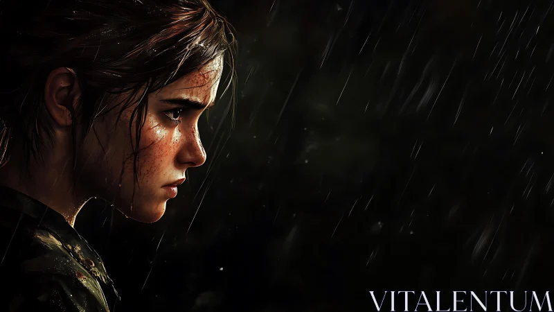 Rain-soaked girl forged in shadow and stormlit resolve.