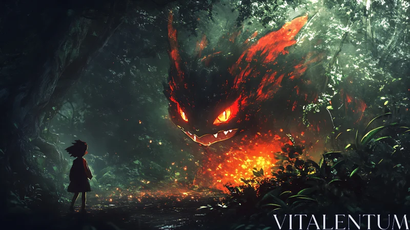 Child observing fiery creature in dense forest environment.