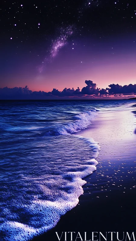 Starlit violet shoreline glows under a dreamy cosmic sky