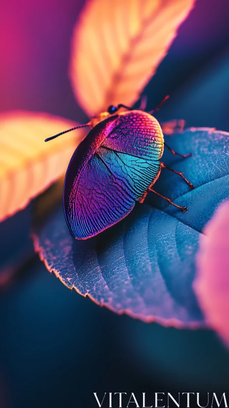 Neon dusk beetle glows on candy-colored forest leafscape.