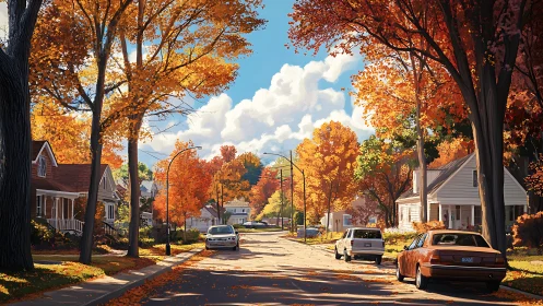 Suburban street in radiant digital autumn lightscape.
