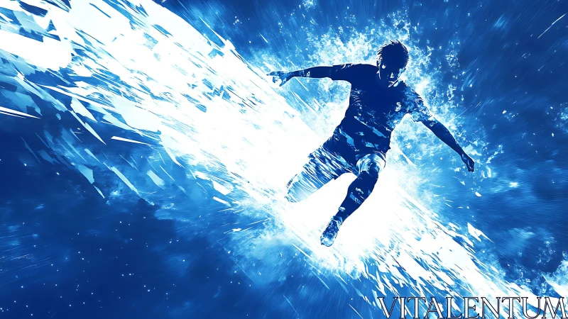 Silhouetted athlete figure intersects radial blue light field