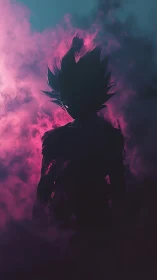 Silhouetted spiky haired figure in dense pink smoke.
