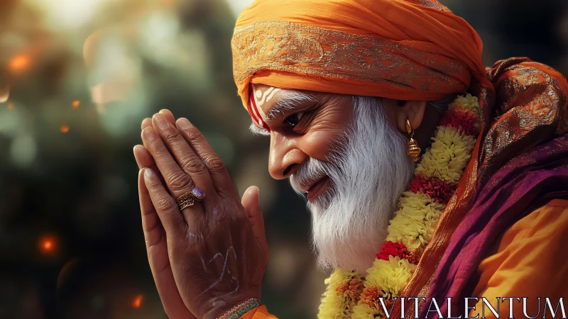 Elderly man in orange attire folds hands in respectful greeting