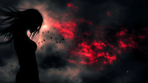 Silhouetted woman faces burning storm sky in dark stillness