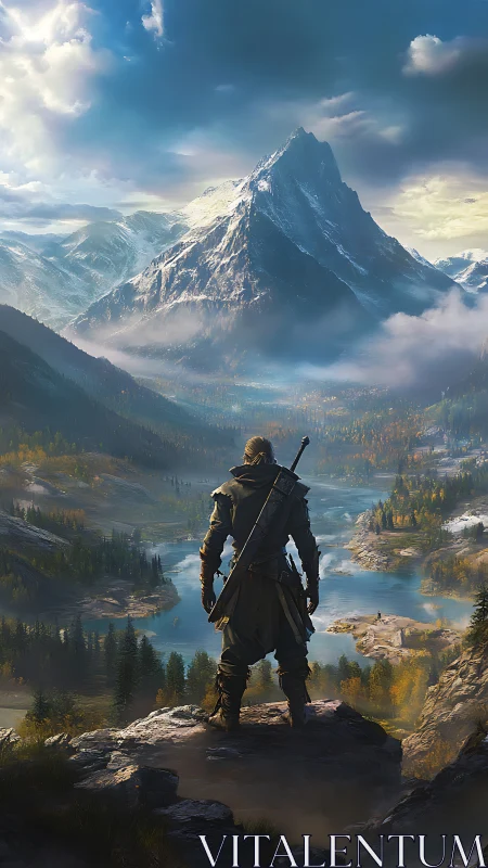 Lone cloaked warrior overlooking vast alpine valley.