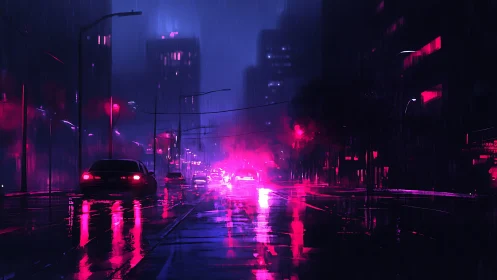Neon rainstorm over midnight avenue in glitchy magenta haze.