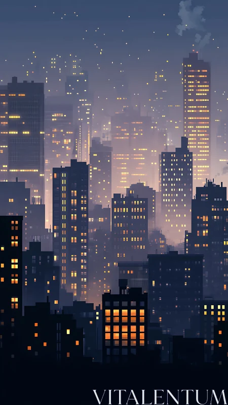 Nocturnal highrise skyline glows through hazy urban mist.