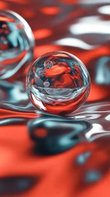 Liquid glass sphere floats above rippling red surface.