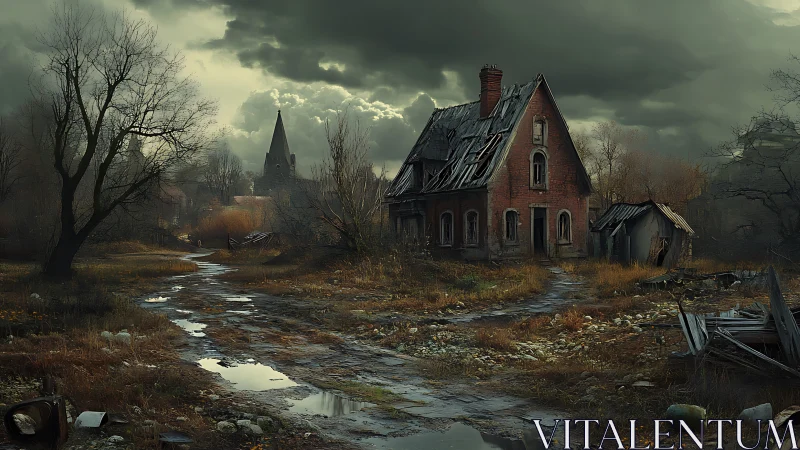 Abandoned brick house stands under brooding storm clouds.