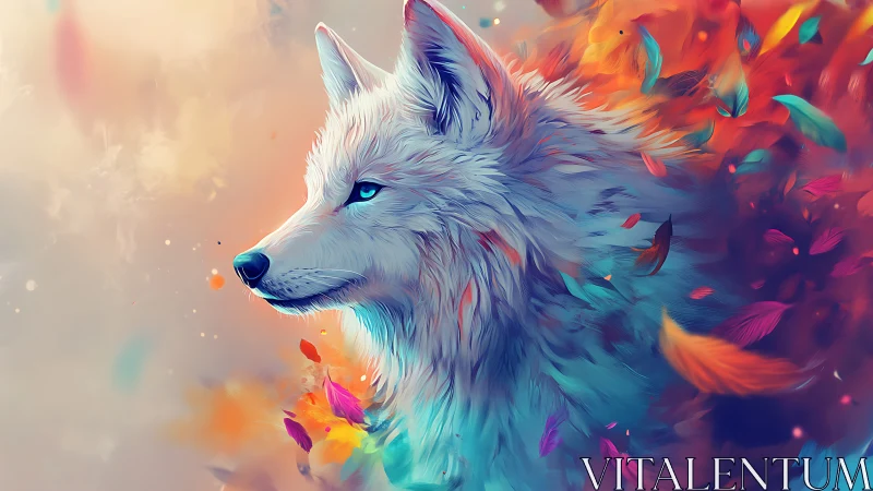 Luminous arctic wolf amid swirling neon feathers dreamscape.