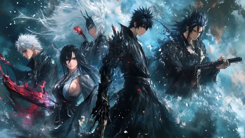 Elemental warriors in dynamic anime-inspired combat tableau.