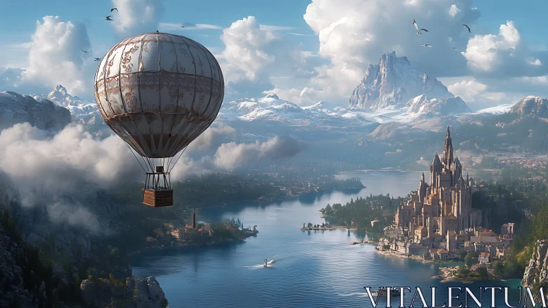 Gentle hot air balloon drifting above a storybook kingdom.