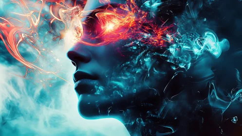 Human profile amid abstract energy flows in vivid contrast.