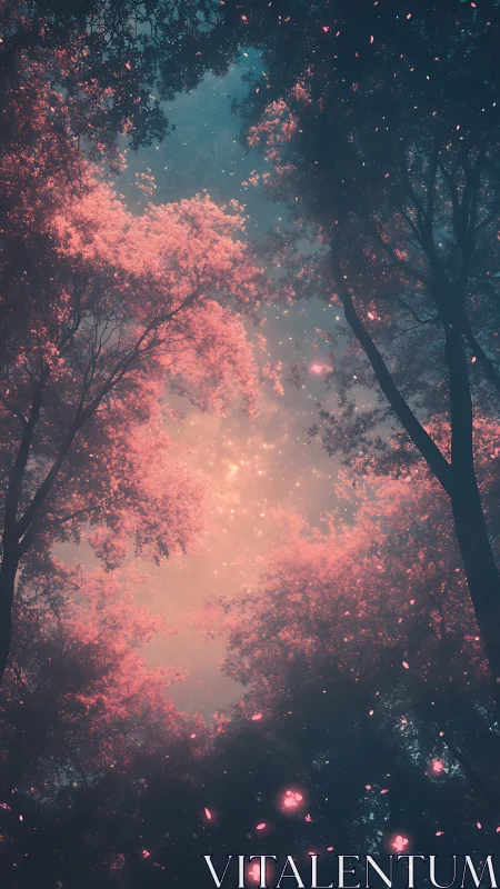 Glowing Forest Canopy with Magical Pink Particles and Enchanted Atmosphere