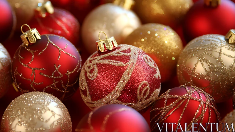 Glittered red and gold Christmas baubles under shallow-focus lighting