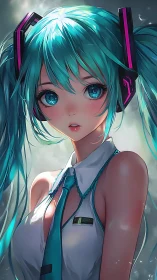 Vibrant teal-haired anime idol with futuristic headset portrait.