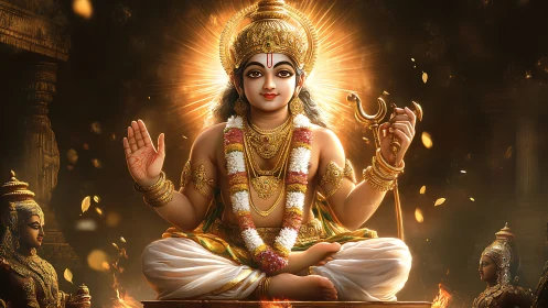 Golden child deity in radiant temple glow of devotion.