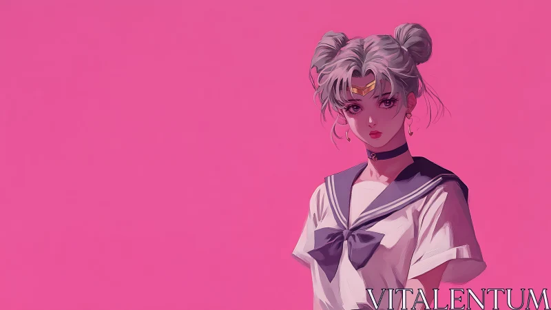 Sailor-style heroine against bold pink daydream sky.