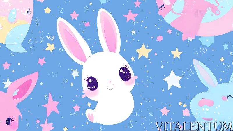 Kawaii white bunny floats in a dreamy pastel starry sky