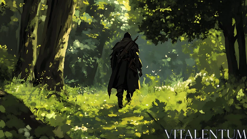 Quiet wanderer steps into a sunlit forest path of promise